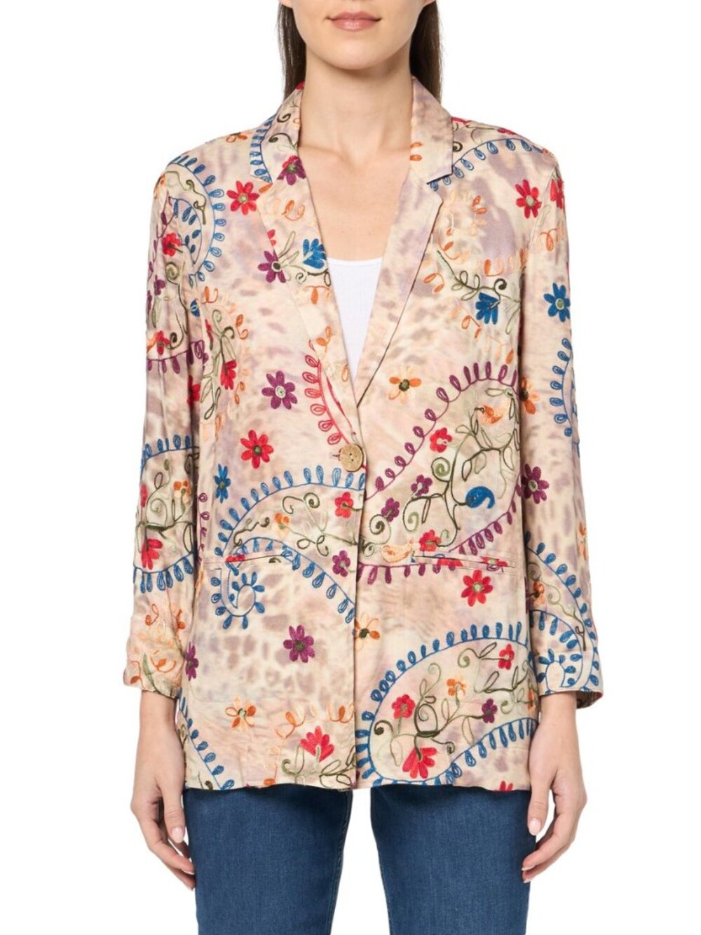 SLIM-SATION Women's All Over Embroidered Jacket with Front Pockets and Single
